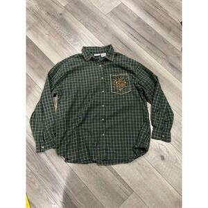 Cabin Creek Green Plaid Embroidered Floral Button Down Shirt 1X vintage